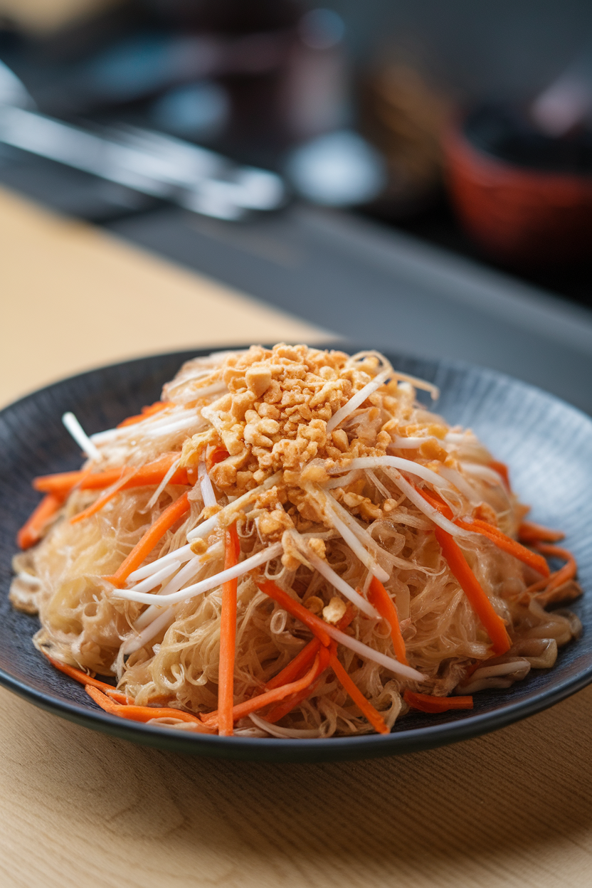 Indoor plate of rice noodles tossed with carrots, bean sprouts, and thin egg ribbons, topped with crushed peanuts. No text or logos.