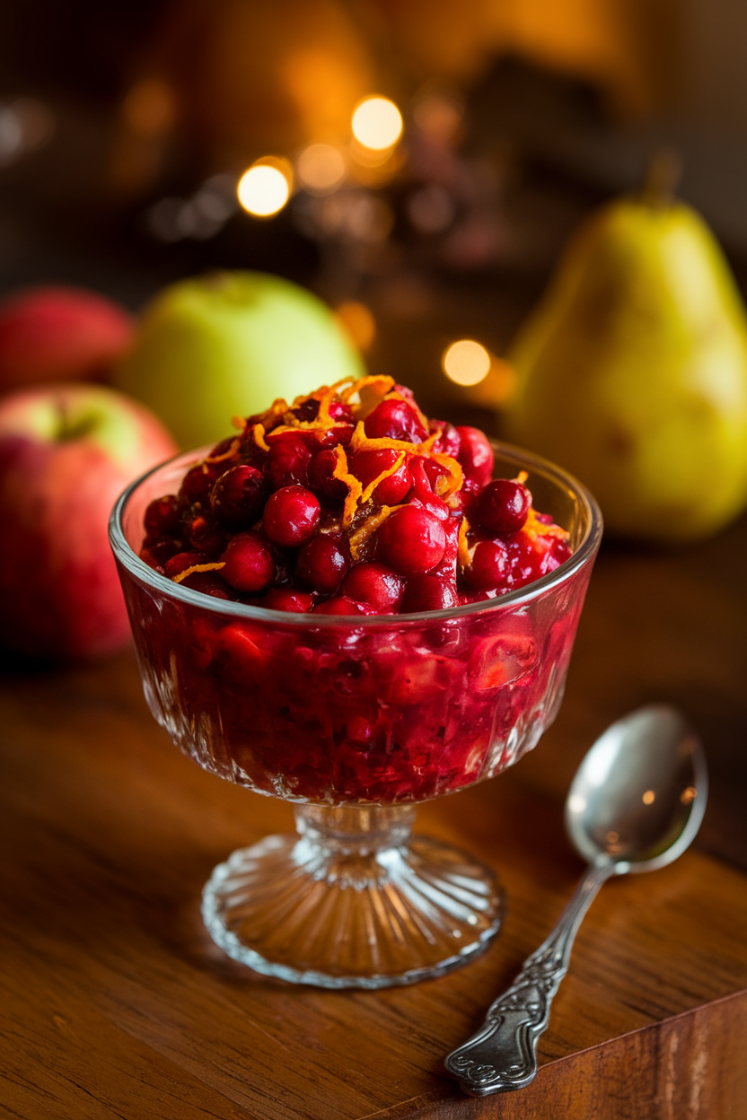 Warmly lit indoor scene featuring a glass bowl of vibrant cranberry relish flecked with orange zest, a small silver spoon alongside. No text or logos.