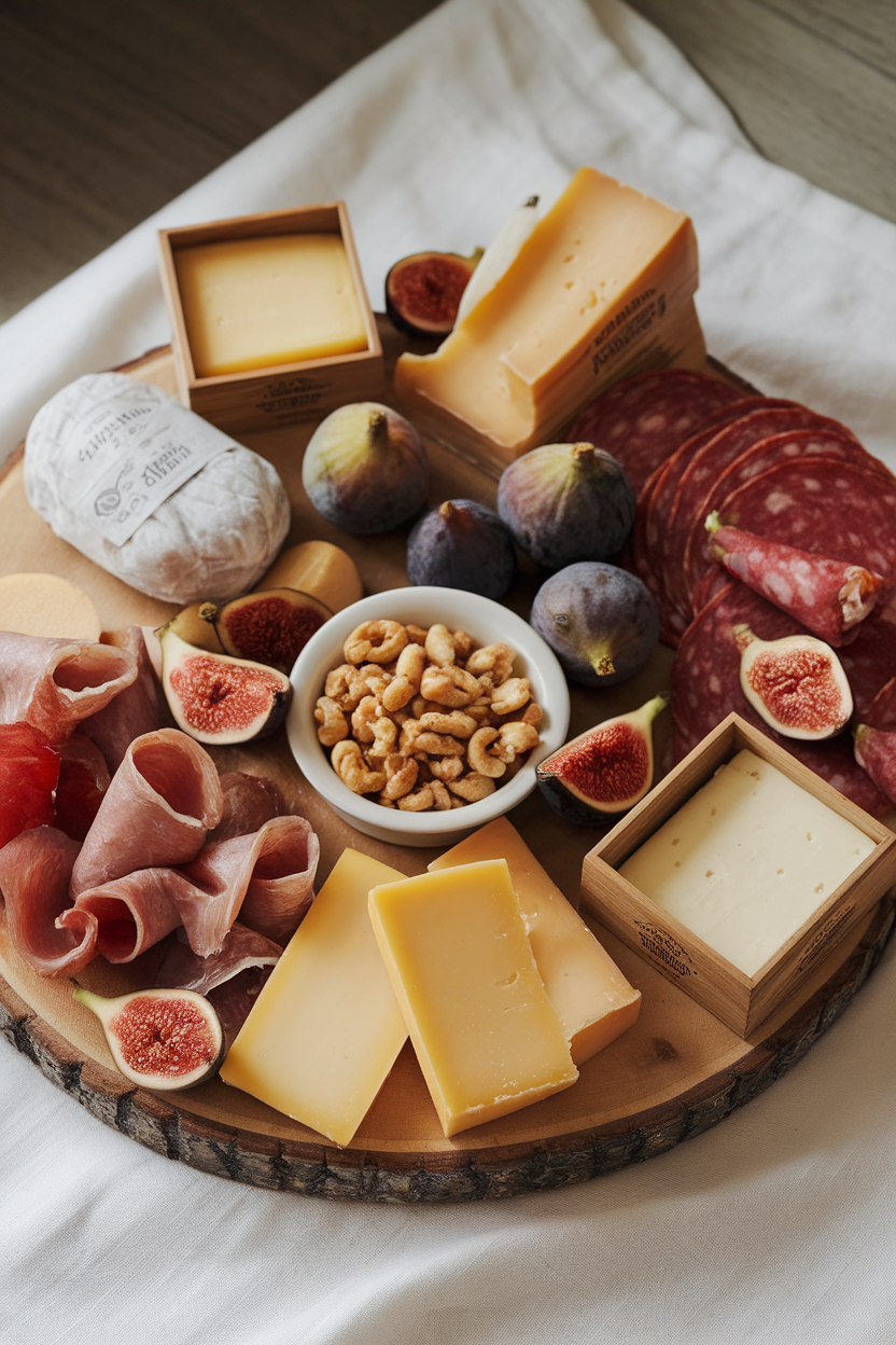 An indoor wooden board artfully arranged with assorted cheeses, cured meats, fresh figs, and nuts, photo, no text or logos.