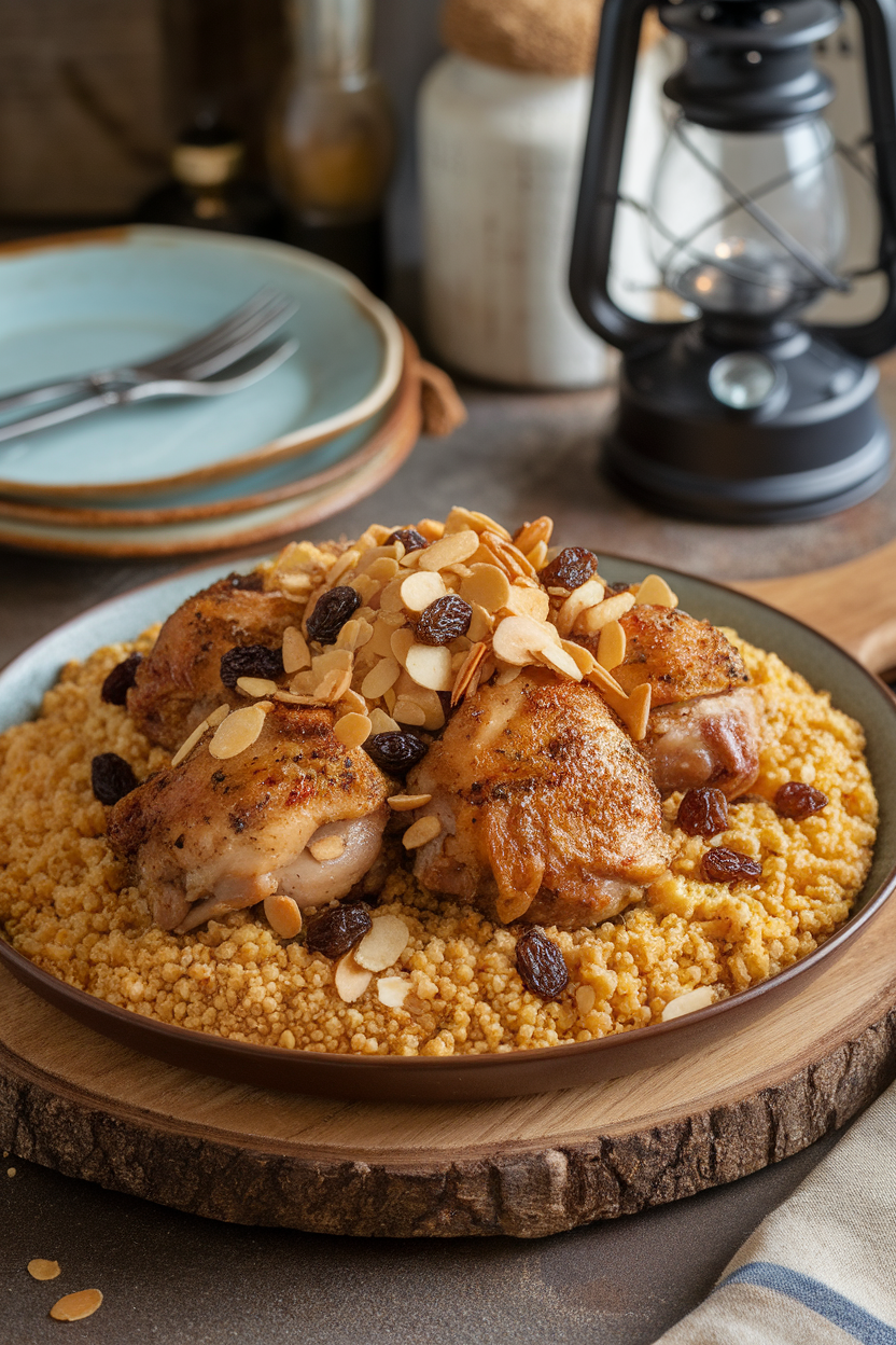 An indoor serving dish of golden couscous topped with ras el hanout chicken thighs, raisins, and toasted almonds. No text or logos. Photo.