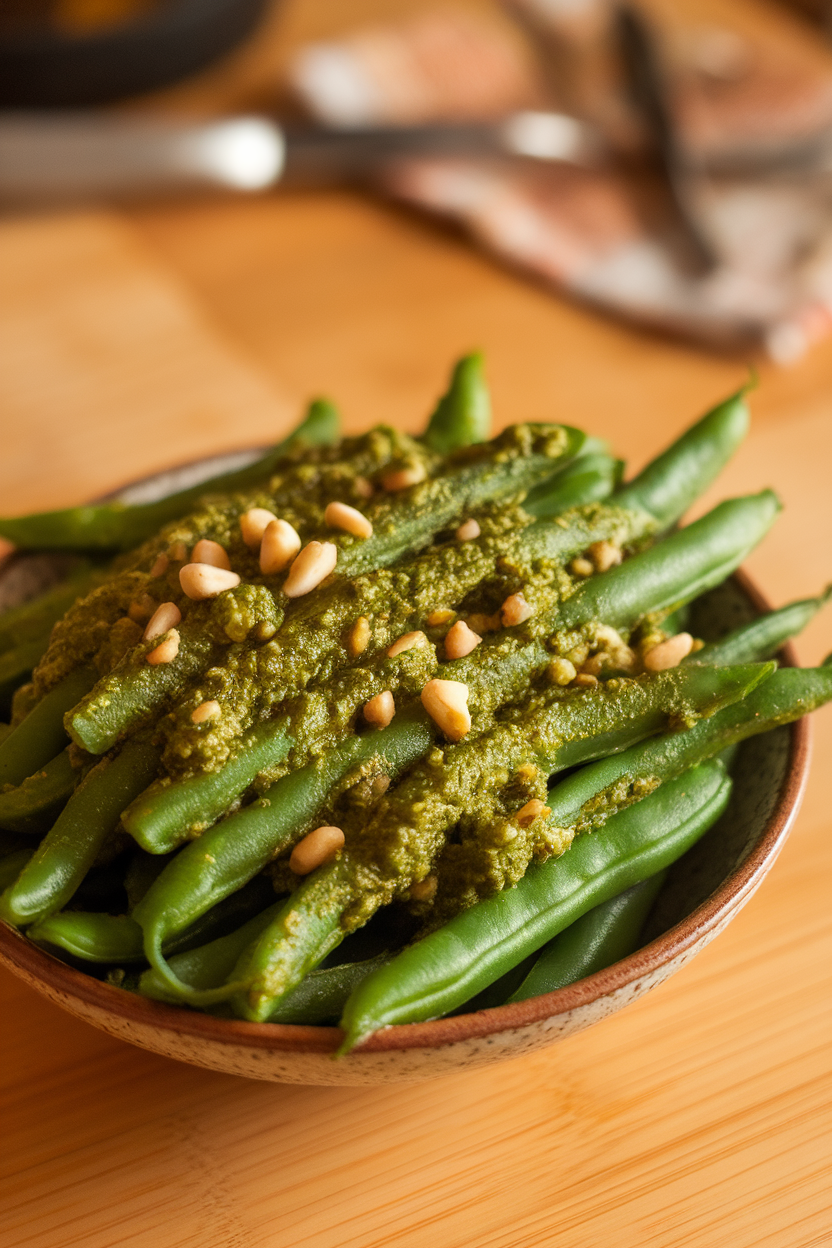 Indoor bowl of blanched green beans lightly coated in basil pesto, pine nut bits visible. Warm lighting, no logos.