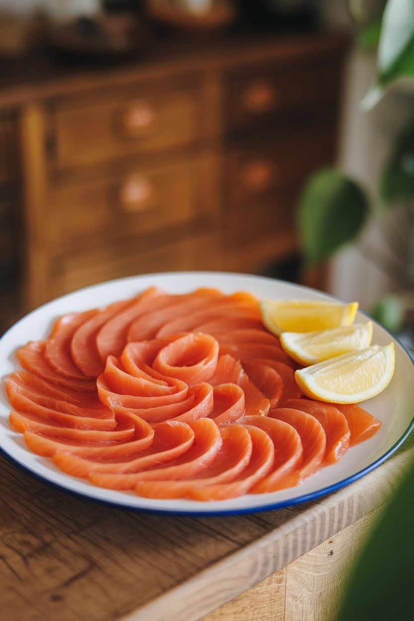 Photo, indoor kitchen table showing thin slices of smoked salmon arranged on a simple white plate with lemon wedges, no logos. Cooked fish only.