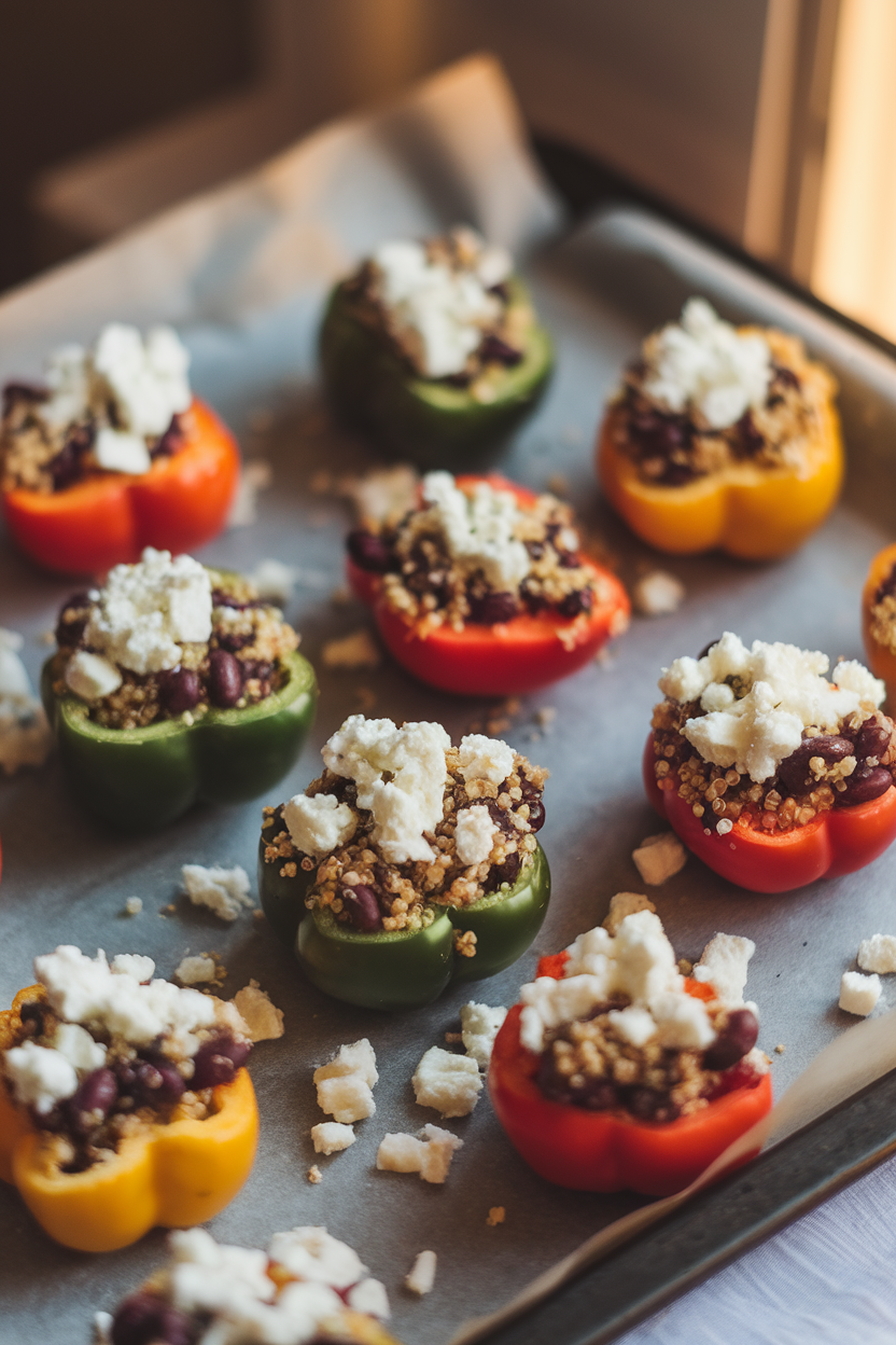 A photo of colorful mini bell pepper halves filled with herbed quinoa and black beans on a parchment-lined baking sheet indoors. Melted feta crumbles dot the tops. Soft, warm lighting; no logos or text.