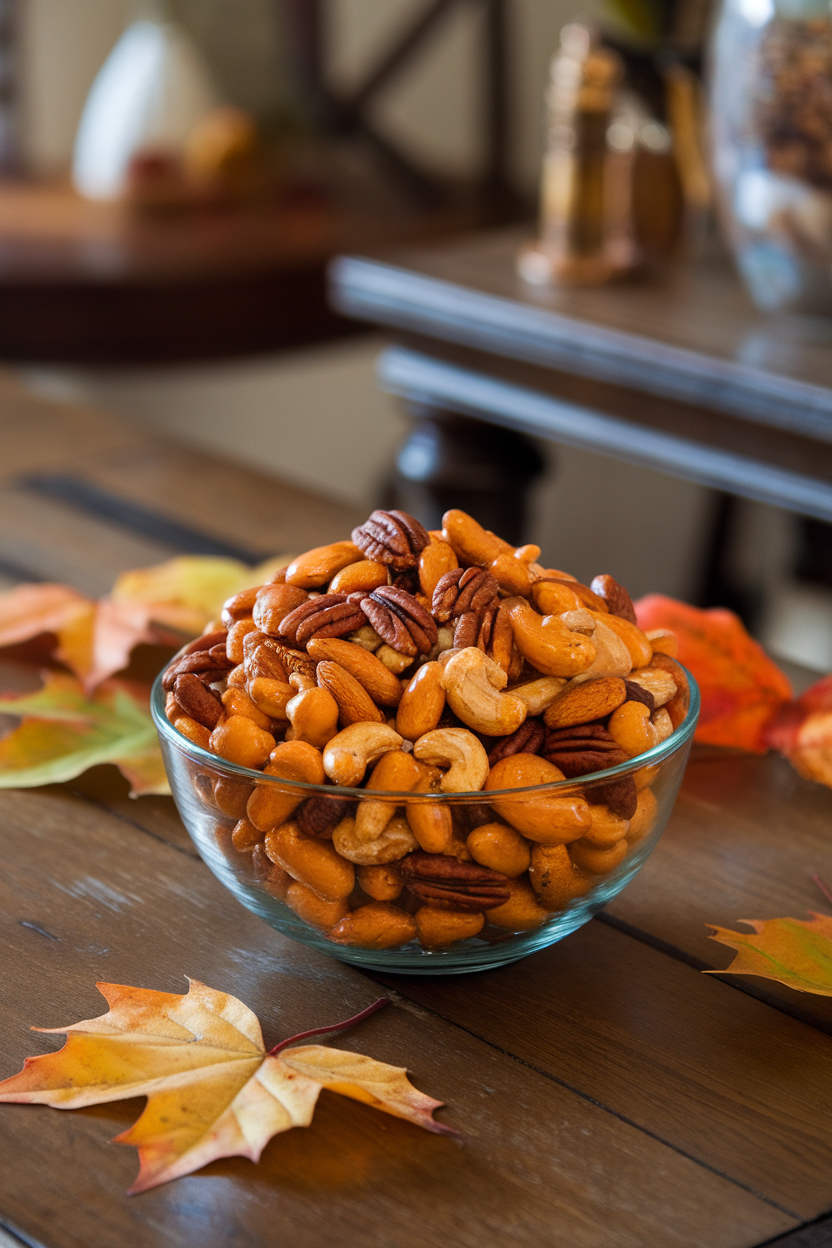 An indoor snack bowl of mixed nuts coated in shiny orange glaze and warm spices, placed on a wooden coffee table. This should be a photo, not an illustration. No text or logos anywhere in the scene.