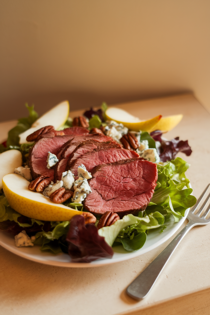 Indoor photo of thin roast beef slices draped over mixed greens with crumbled blue cheese, pear slices, and toasted pecans. Warm indoor light, no text or logos.