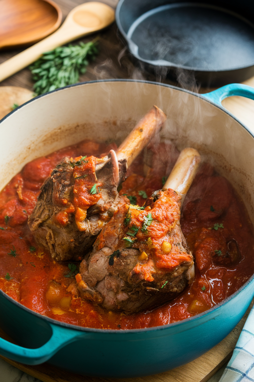 An indoor Dutch oven filled with braised lamb shanks nestled in tomato-olive sauce, steam rising; no text or logos.