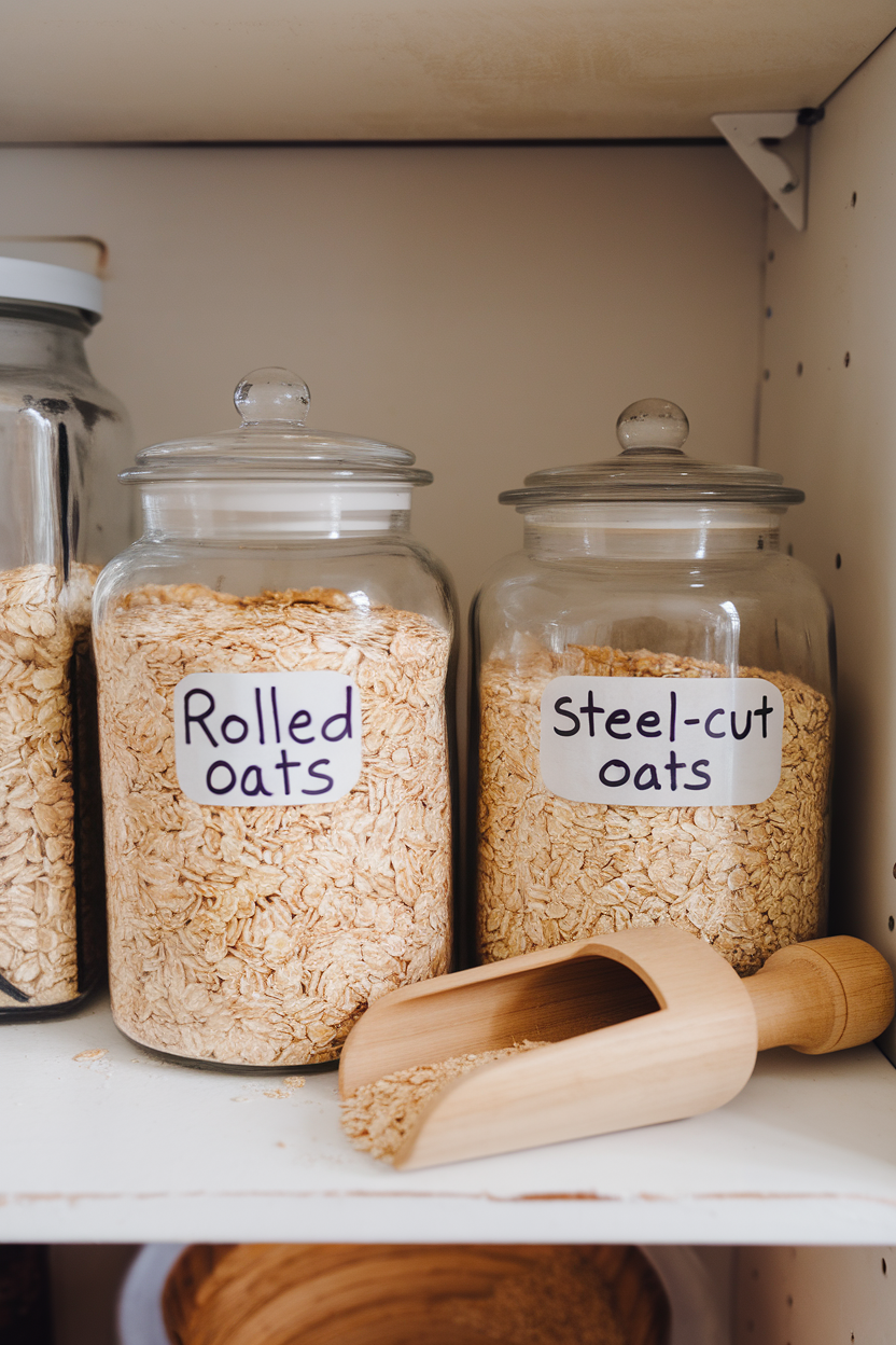 Photo of glass jars filled with rolled oats and steel-cut oats on an indoor open shelf, wooden scoop resting nearby. No text or logos visible.