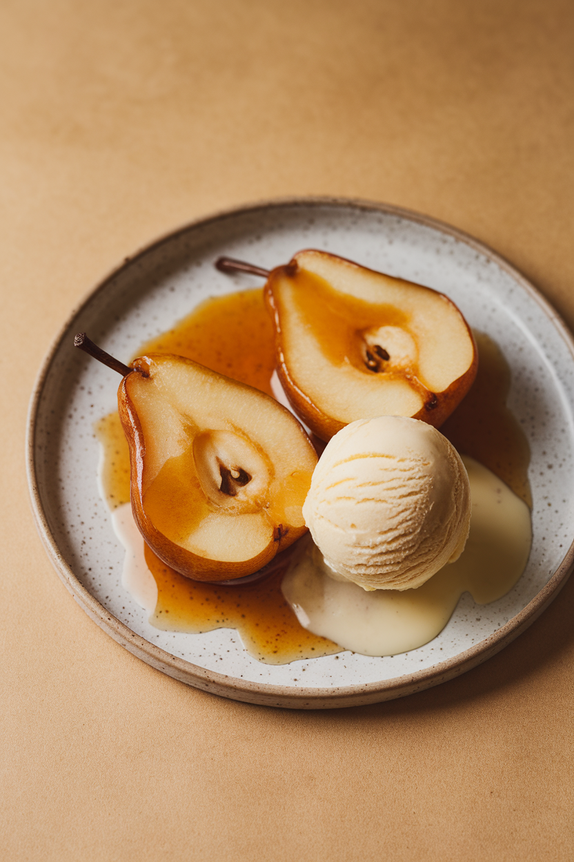 A dessert plate indoors showcasing halved roasted pears glazed with maple syrup, scoop of vanilla ice cream melting alongside. No text or logos. Photo.