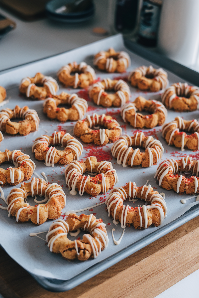 A baking sheet inside a kitchen featuring ring-shaped coconut macaroons drizzled with white chocolate and red sugar. Indoor light, no text or logos.</Prompt