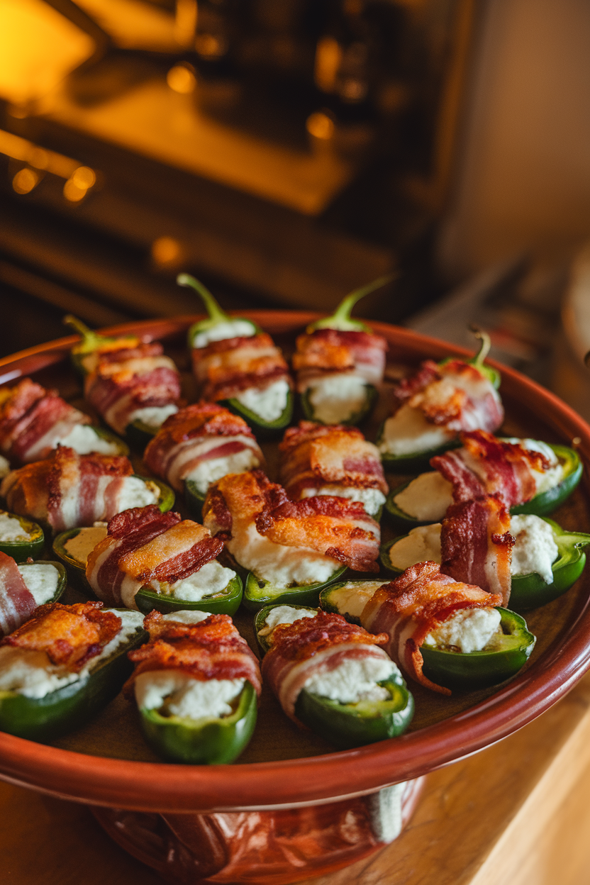 Photo of an indoor ceramic platter of jalapeño halves stuffed with cheese and wrapped in bacon, cheese browned on top; warm kitchen lighting, no text or logos