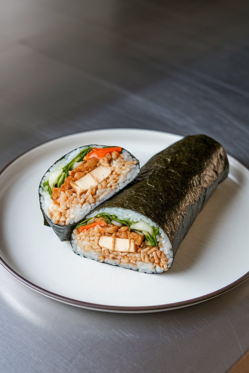 An indoor surface showing a sliced sushi burrito wrapped in nori, filled with cooked brown rice, teriyaki tofu, and julienned veggies. No text or logos; photo only.