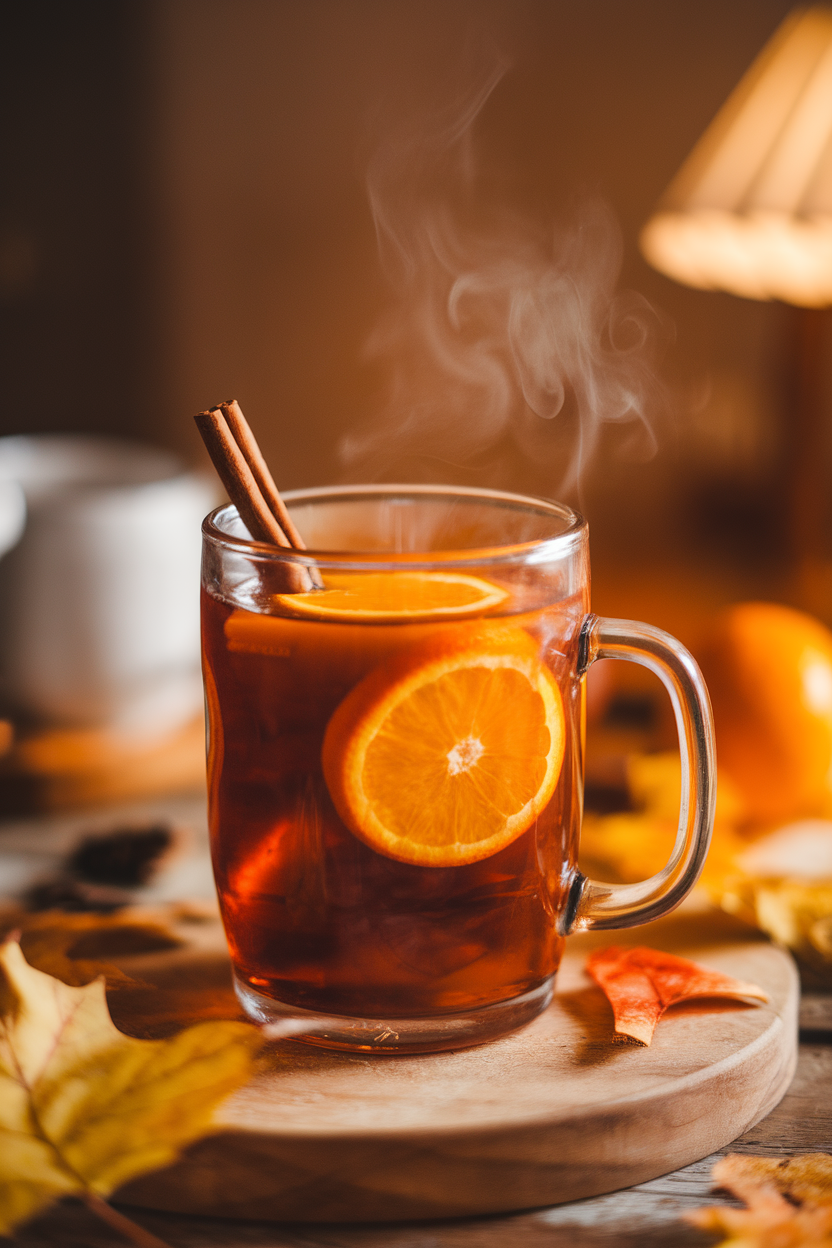 Indoor photo of a heat-proof glass mug of steaming mulled cider with cinnamon stick and orange slice, no text or logos.