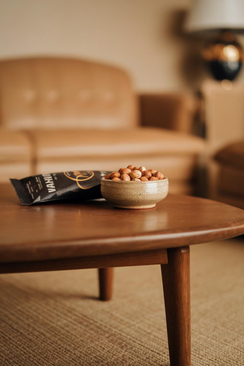 An indoor coffee table with a small ceramic bowl of roasted mixed nuts next to a closed chip bag pushed aside, no logos visible.