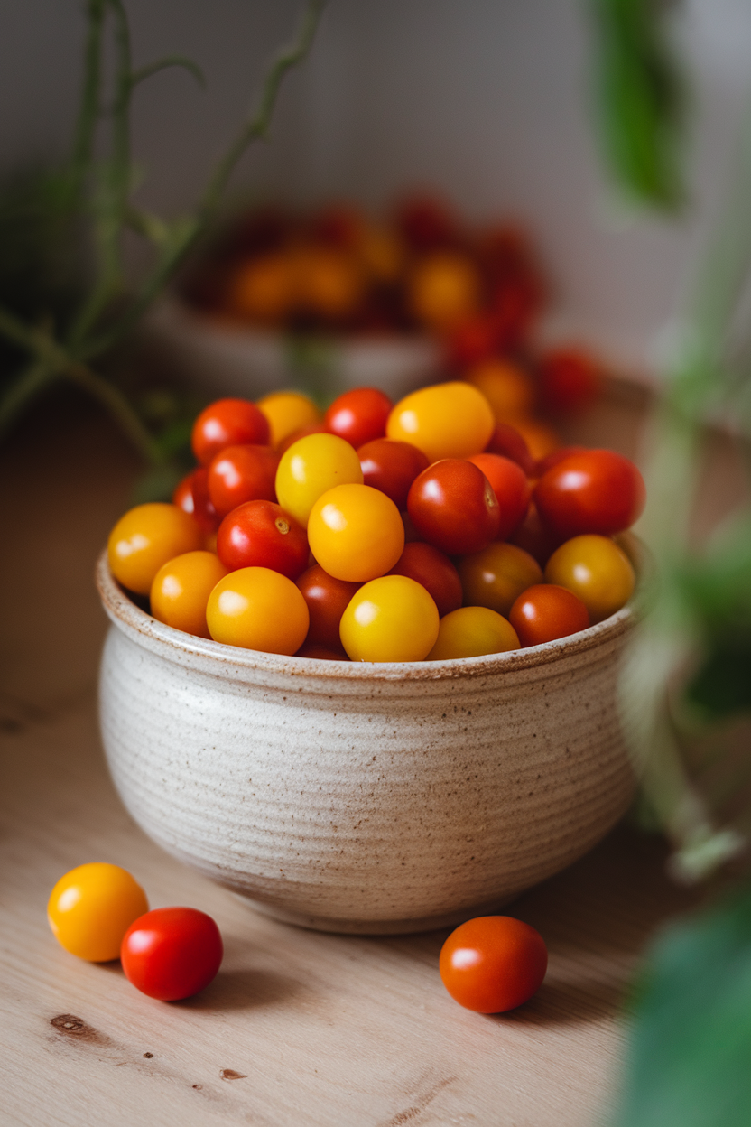 An indoor ceramic bowl overflowing with glossy red and yellow cherry tomatoes under soft lighting, no text or logos.