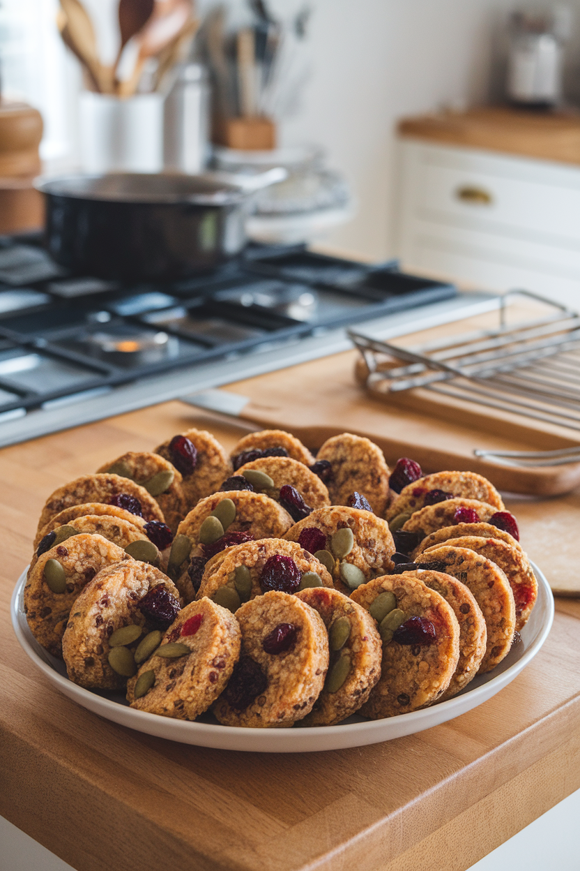An indoor kitchen island with a plate of round quinoa-cranberry cookies studded with dried fruit and pumpkin seeds—no text or logos; photo, not illustration