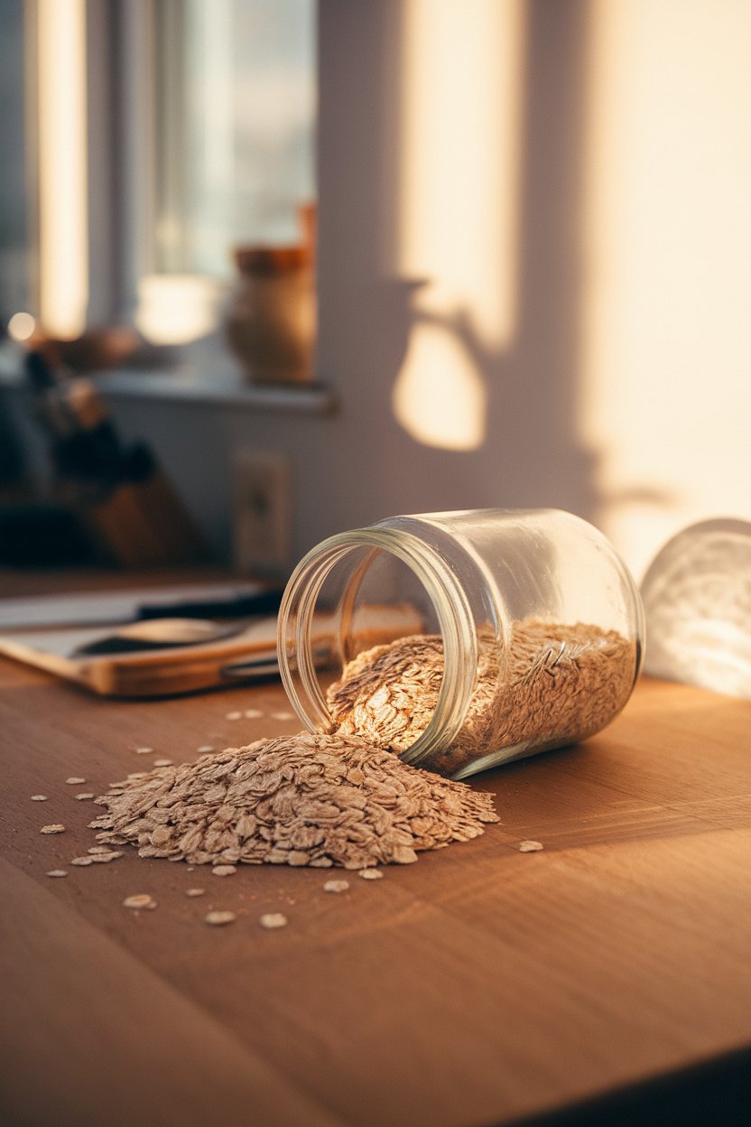 Indoor photo of a wide-mouth glass jar tipped on its side, rolled oats spilling onto a wooden countertop in warm morning light; no text or logos