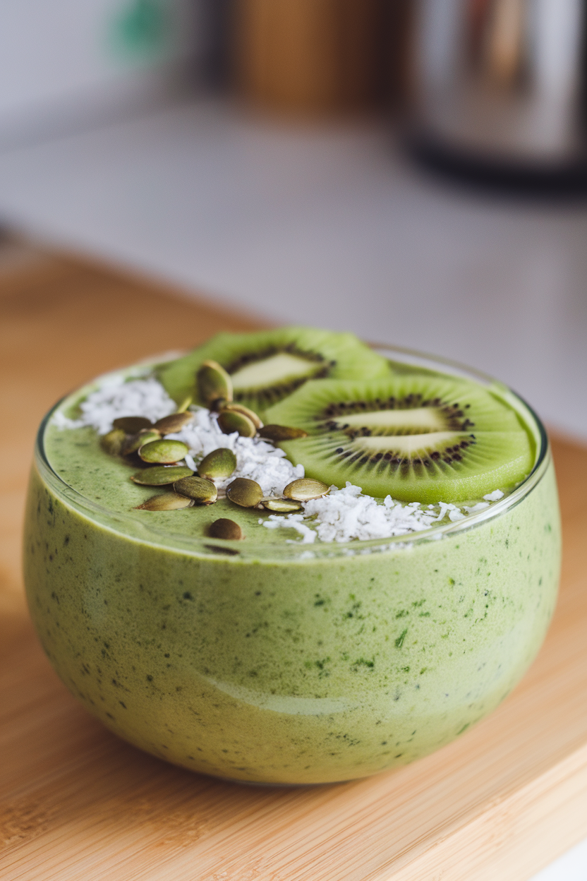 An indoor photo of a shallow bowl filled with a vibrant green smoothie and topped with kiwi slices, pumpkin seeds, and shredded coconut. No text or logos present.