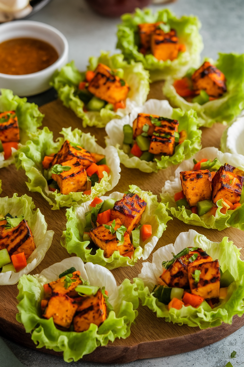 Photo prompt: An indoor spread of crisp lettuce cups filled with grilled paneer cubes and diced vegetables, vibrant colors. No text or logos present.