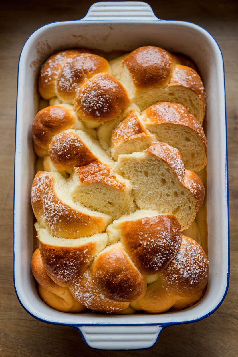 A ceramic baking dish indoors showing slices of challah soaked in custard and baked until golden, dusted with powdered sugar, no text or logos.