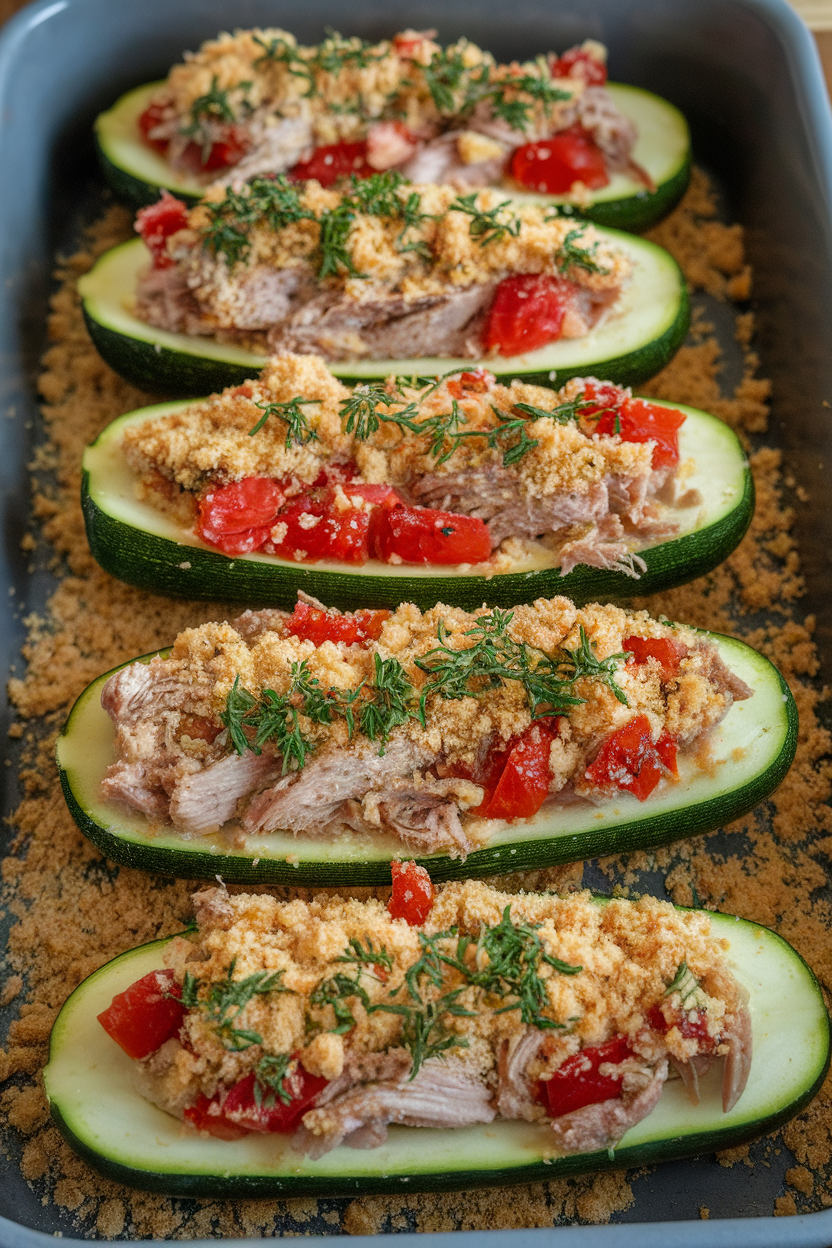 Indoor photo of zucchini halves filled with turkey, tomato, and herbs in a baking dish; no text or logos