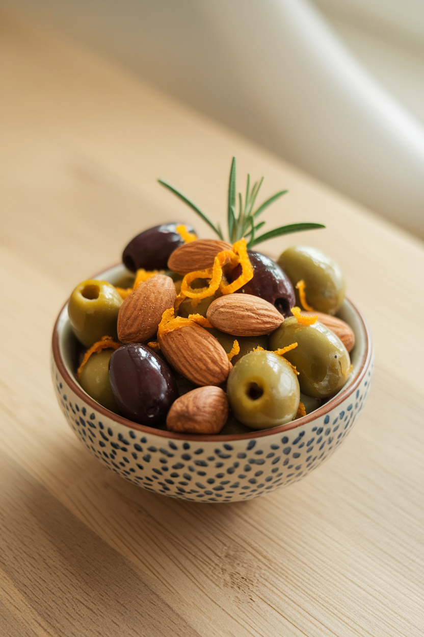 A small indoor bowl filled with assorted olives and toasted almonds glistening with orange zest and rosemary; softly lit, no text or logos.