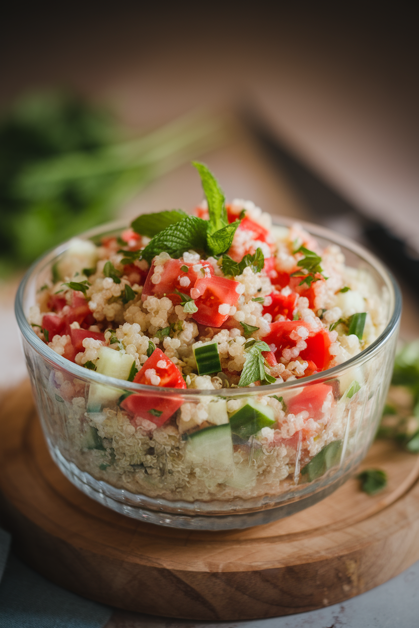 Indoor photo of a glass bowl showing fluffy quinoa mixed with diced tomatoes, cucumbers, parsley, and mint; side lighting, no text or logos
