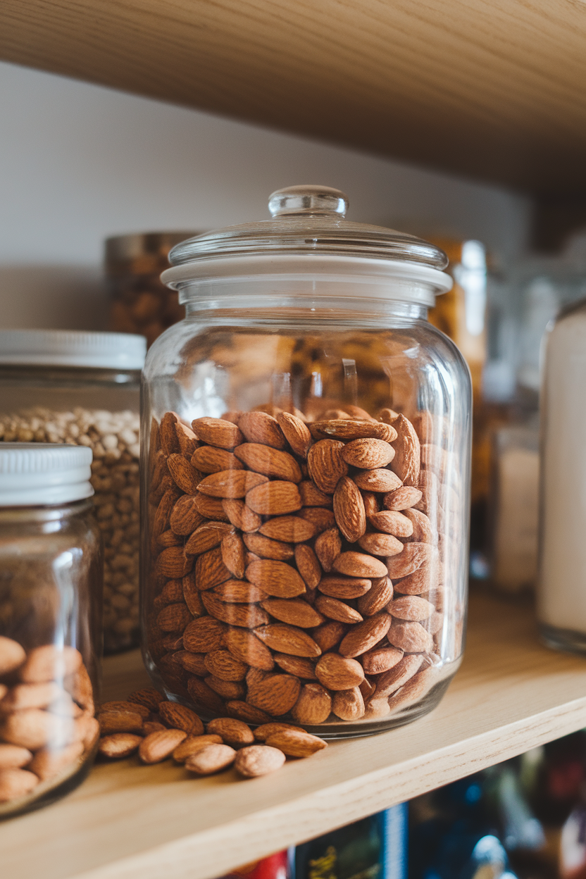 An indoor glass jar filled with raw almonds on a pantry shelf, lid off to show texture, no text or logos.