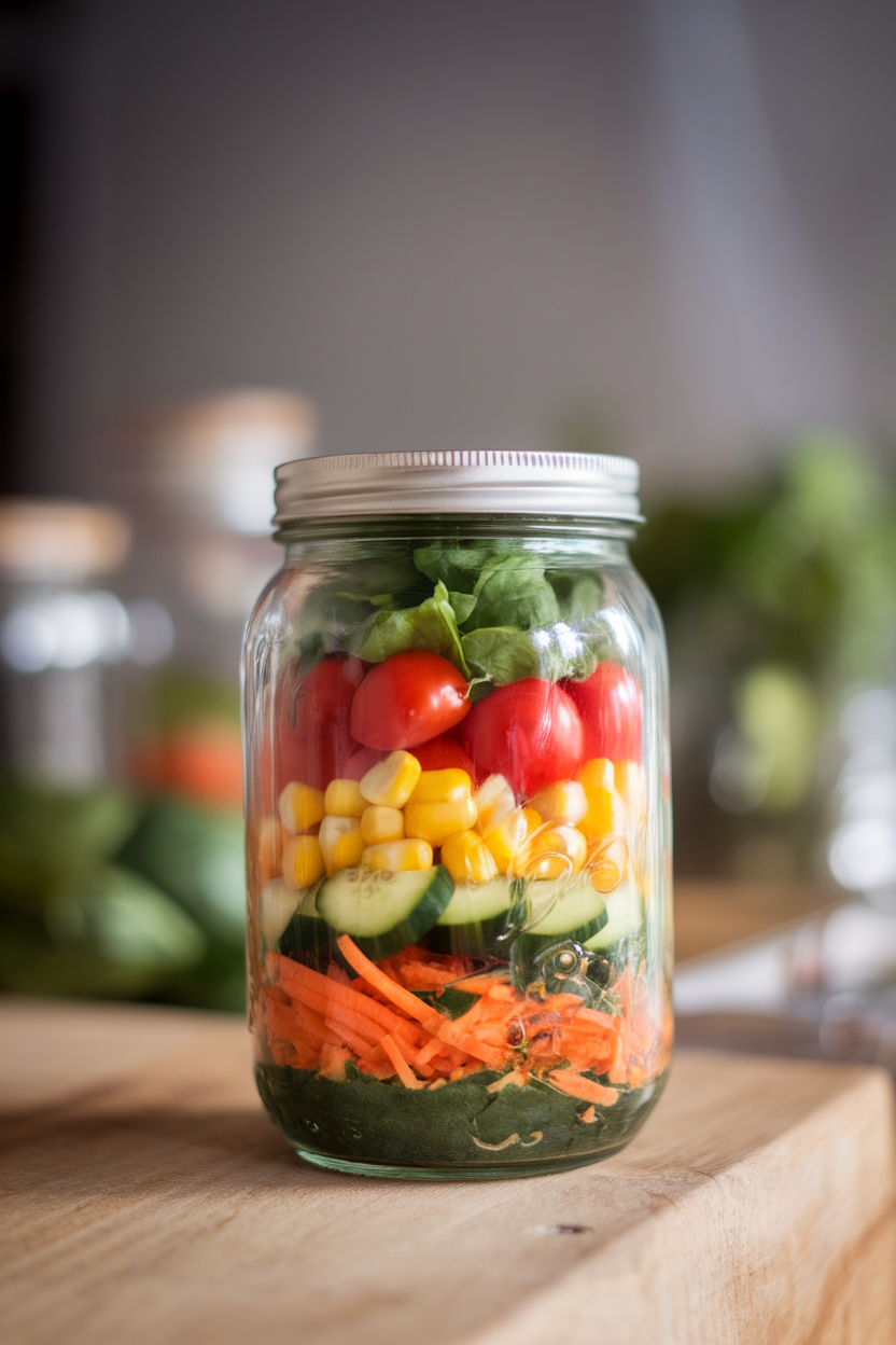 Indoor shot of mason jars layered bottom-to-top with cherry tomatoes, cucumbers, corn, shredded carrots, and spinach. No text or logos in the image.