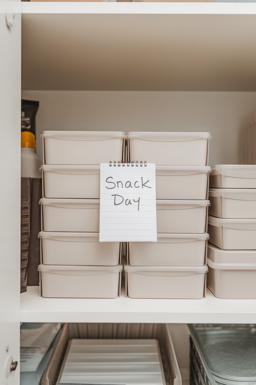 An indoor pantry shelf with a visible calendar note reading “Snack Day,” adjacent to neatly stacked, label-free boxes, no logos or text on food items.