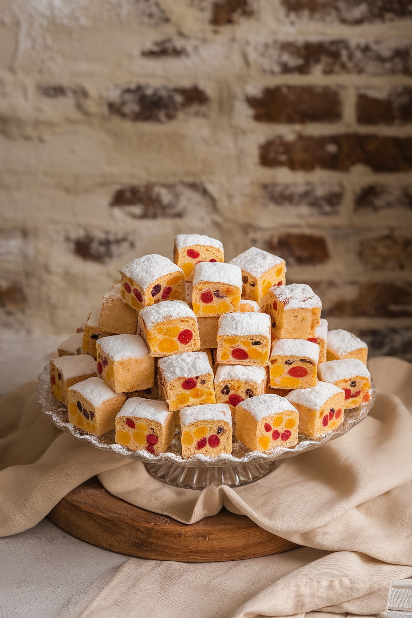 Small cube-shaped stollen bites dusted with powdered sugar on a platter indoors, colorful candied fruit visible. No text or logos present.</Prompt