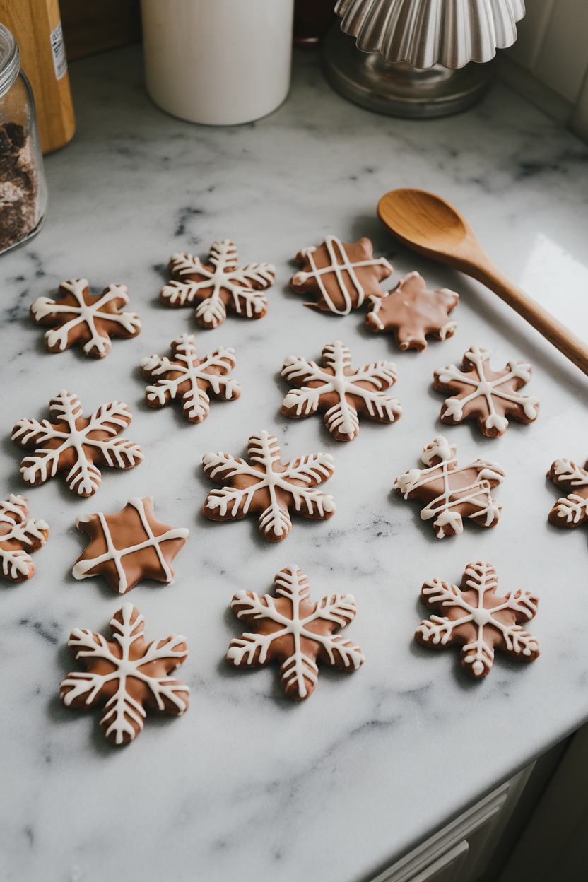 Indoor kitchen counter with flat praline snowflakes decorated with white chocolate lines, no text or logos