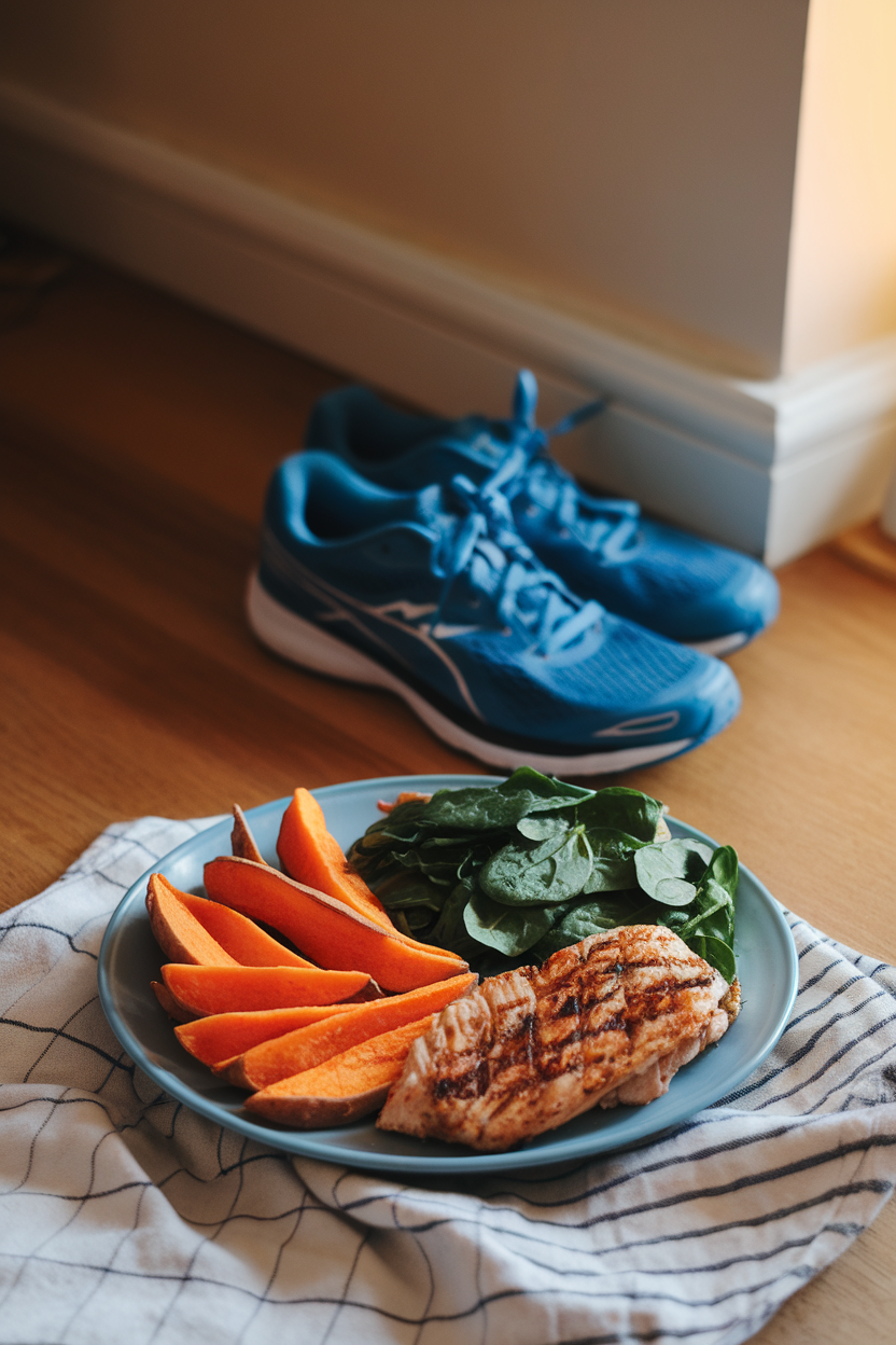 Indoor shot of a balanced post-run meal: sweet potato wedges, grilled chicken, and spinach, running shoes in background, no text or logos. Photo.