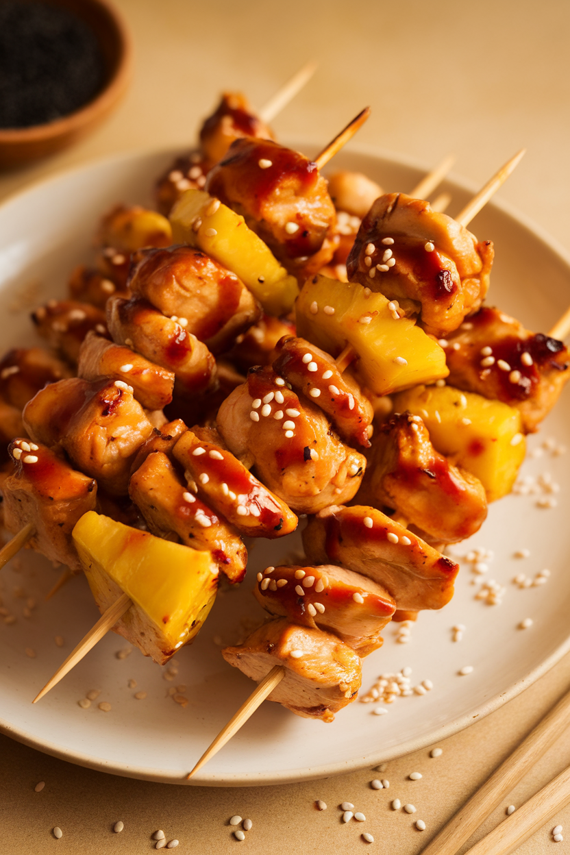 Indoor plate of cooked chicken and pineapple skewers glazed with teriyaki sauce, sesame seeds scattered. No text or logos.