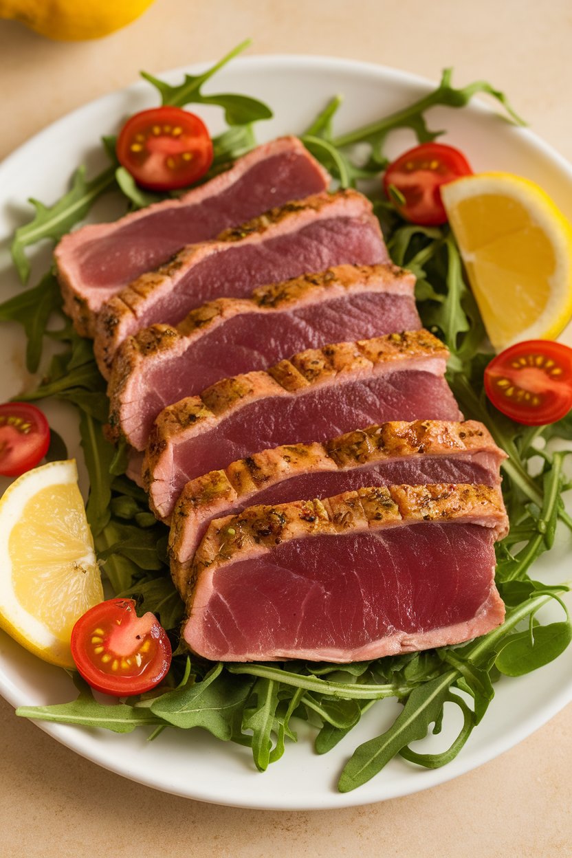 An indoor dinner plate showing slices of cooked medium tuna steak over arugula, drizzled with citrus dressing. Photo, no text or logos.