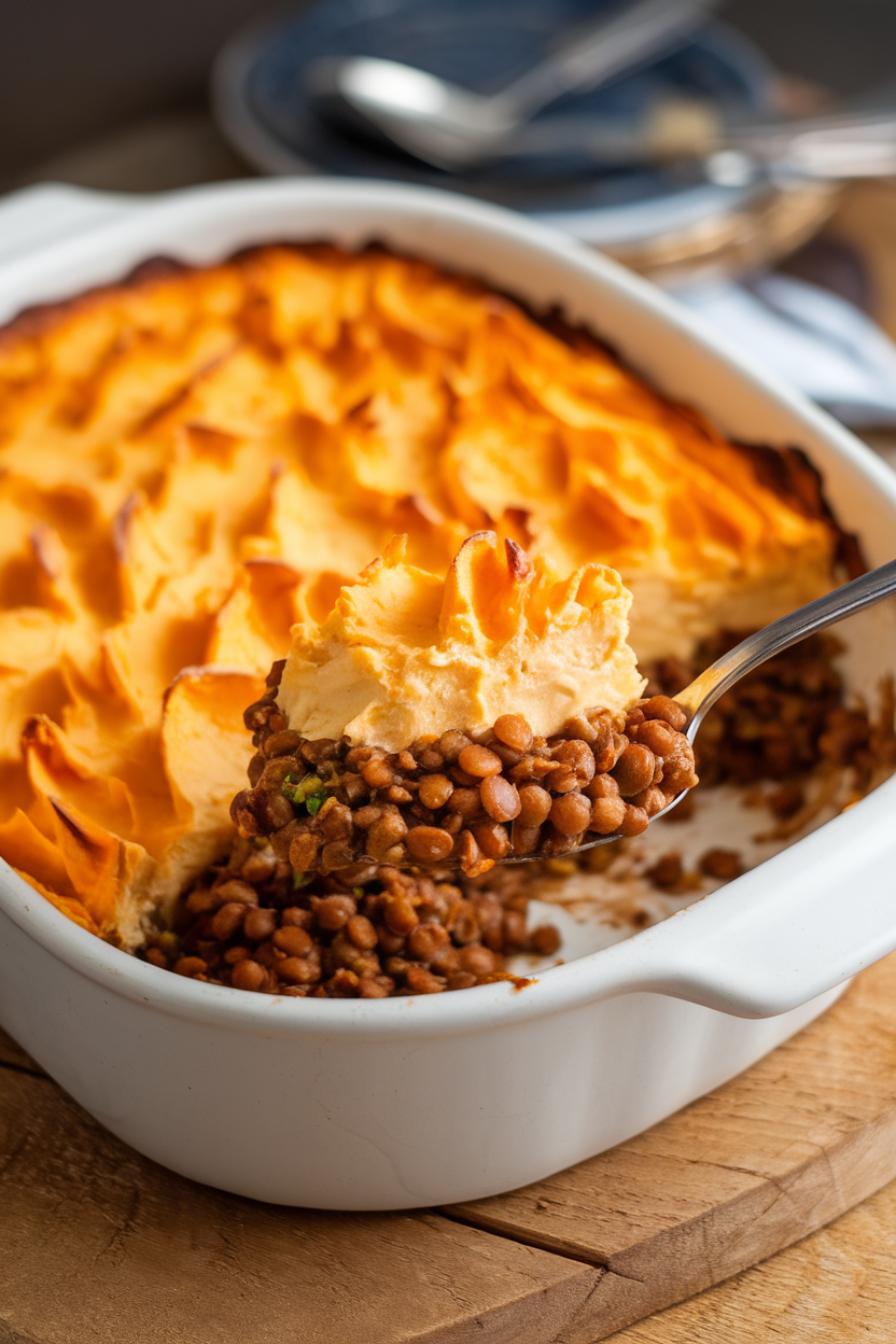 An indoor casserole dish of lentil shepherd’s pie topped with golden whipped sweet potatoes, a spoonful removed to show the filling beneath. No text or logos in the image.