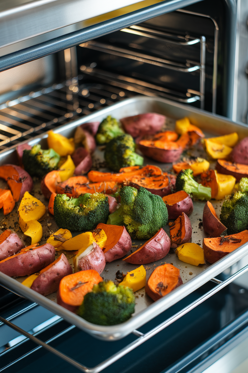 A sheet pan of assorted roasted vegetables—broccoli, sweet potatoes, bell peppers—resting on an oven rack indoors; no text or logos; photo