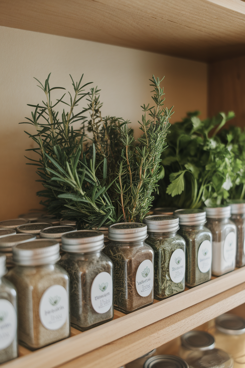 An indoor spice rack scene featuring fresh rosemary, thyme, and parsley bunches in small glass jars, no brand names.
