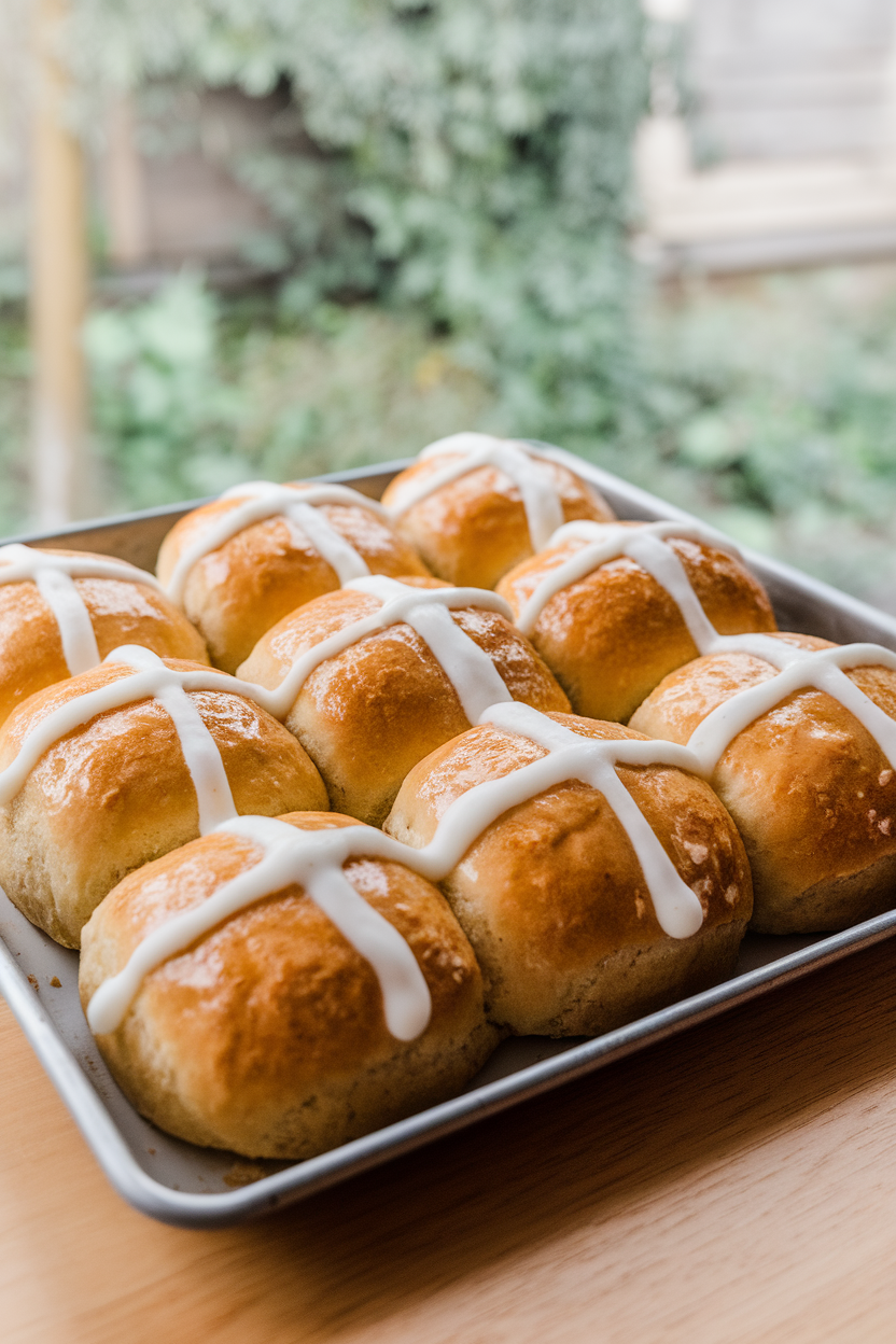 A tray of golden hot cross buns baked with almond flour, white yogurt icing piped in a cross on each, photographed indoors. No text or logos. Photo only.