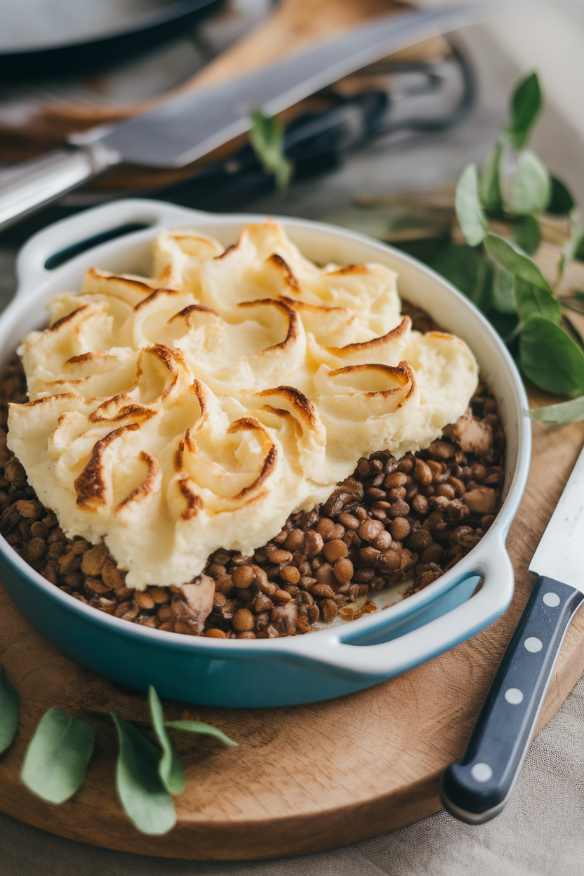 An indoor casserole dish showing lentil mushroom filling beneath a piped mashed potato topping, lightly browned. No text or logos. Photo.