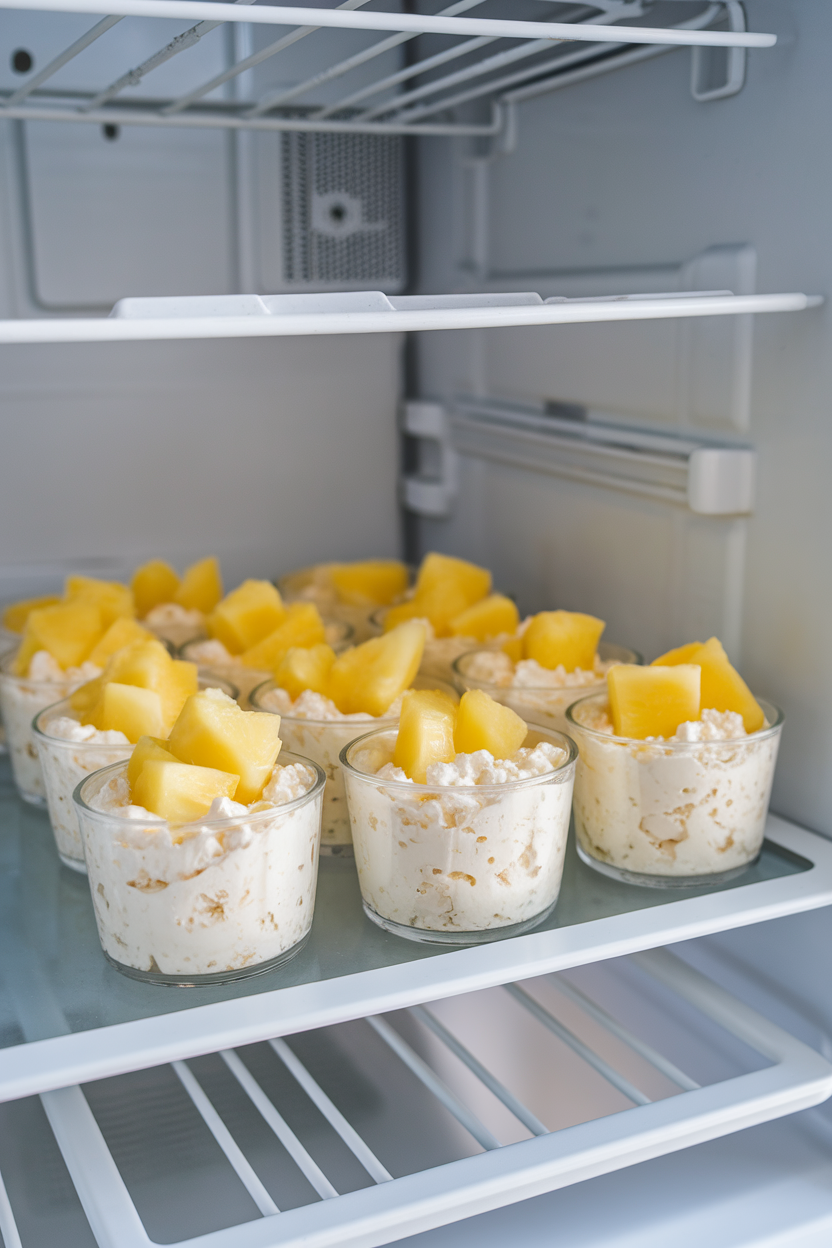 Indoor refrigerator door shelf with small cups of cottage cheese topped with pineapple chunks. No text or logos present.