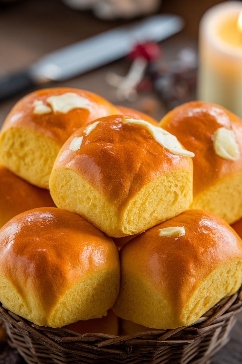 Indoor image of fluffy pumpkin-hued dinner rolls in a basket, brushed with butter, no text or logos.