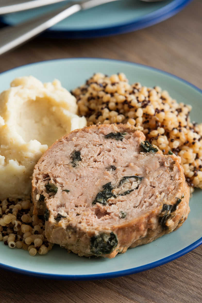 Indoor photo of sliced turkey meatloaf studded with spinach, a scoop of mashed cauliflower, and quinoa pearls on a plate. No text or logos.