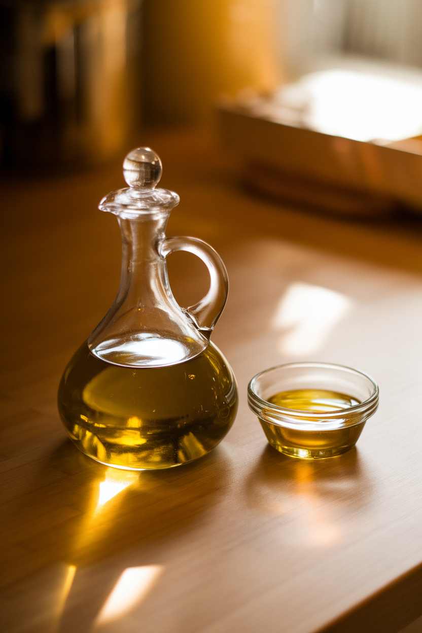 A warmly lit indoor kitchen counter with a clear glass cruet of golden extra-virgin olive oil catching soft reflections, set beside a small ramekin for dipping; no text or logos, photo only.