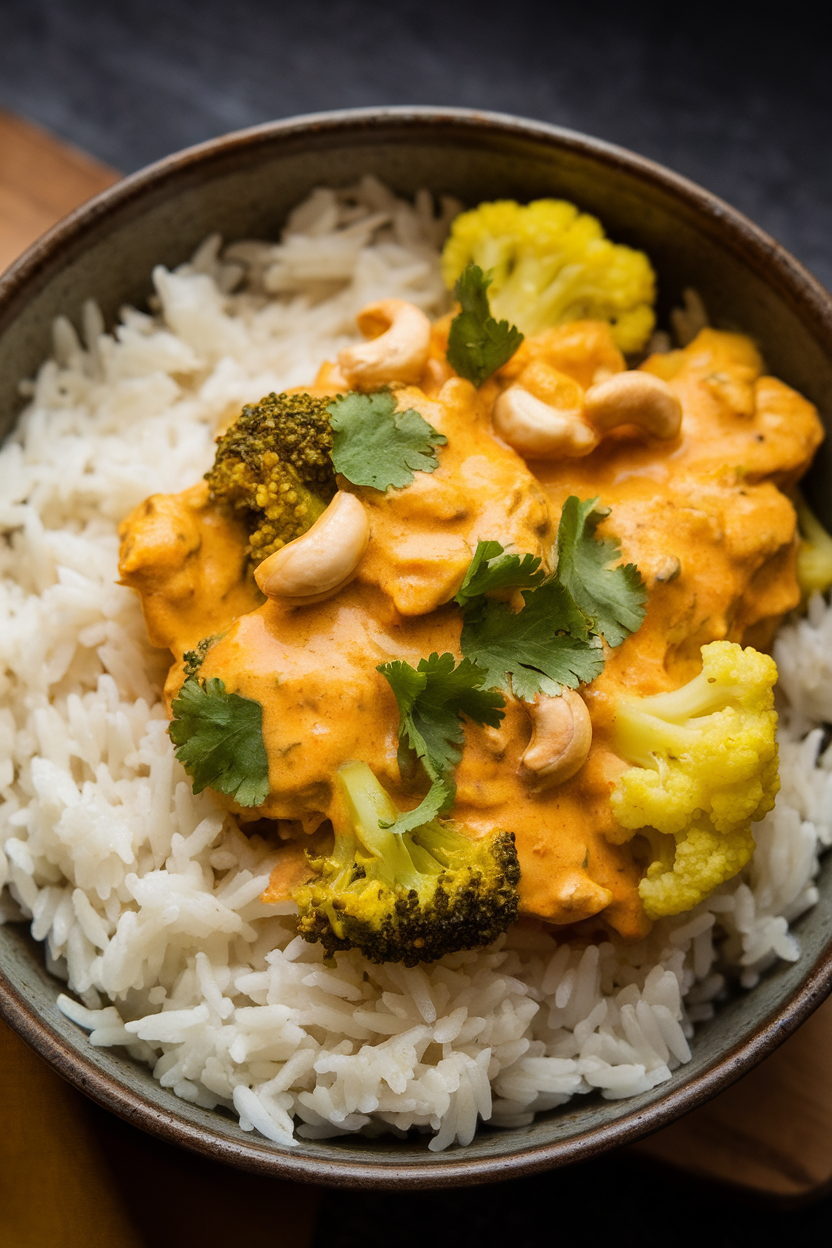 A warmly lit indoor bowl of yellow cashew chicken curry studded with cauliflower and broccoli, served over basmati rice. No text or logos. Photo only.