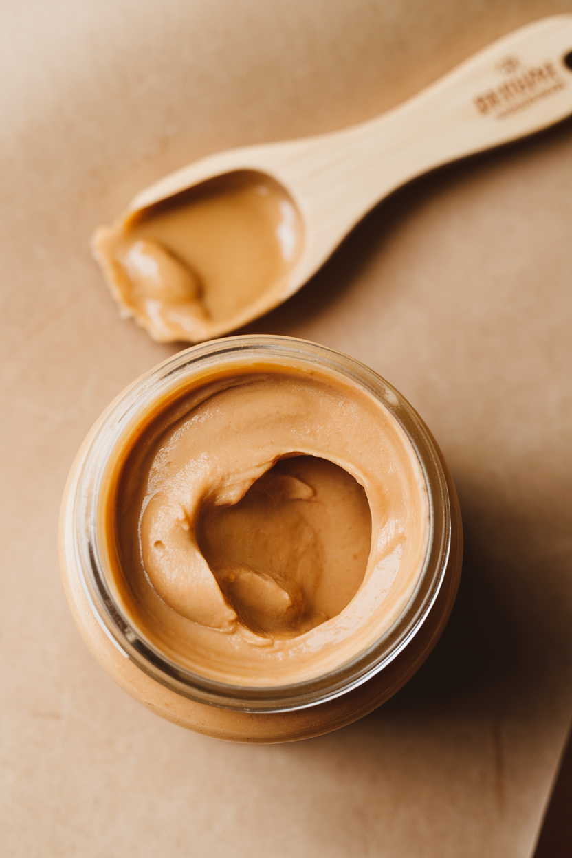 Indoor photo of an open jar of creamy natural peanut butter with oil separation visible, small wooden spreader resting nearby; no text or logos
