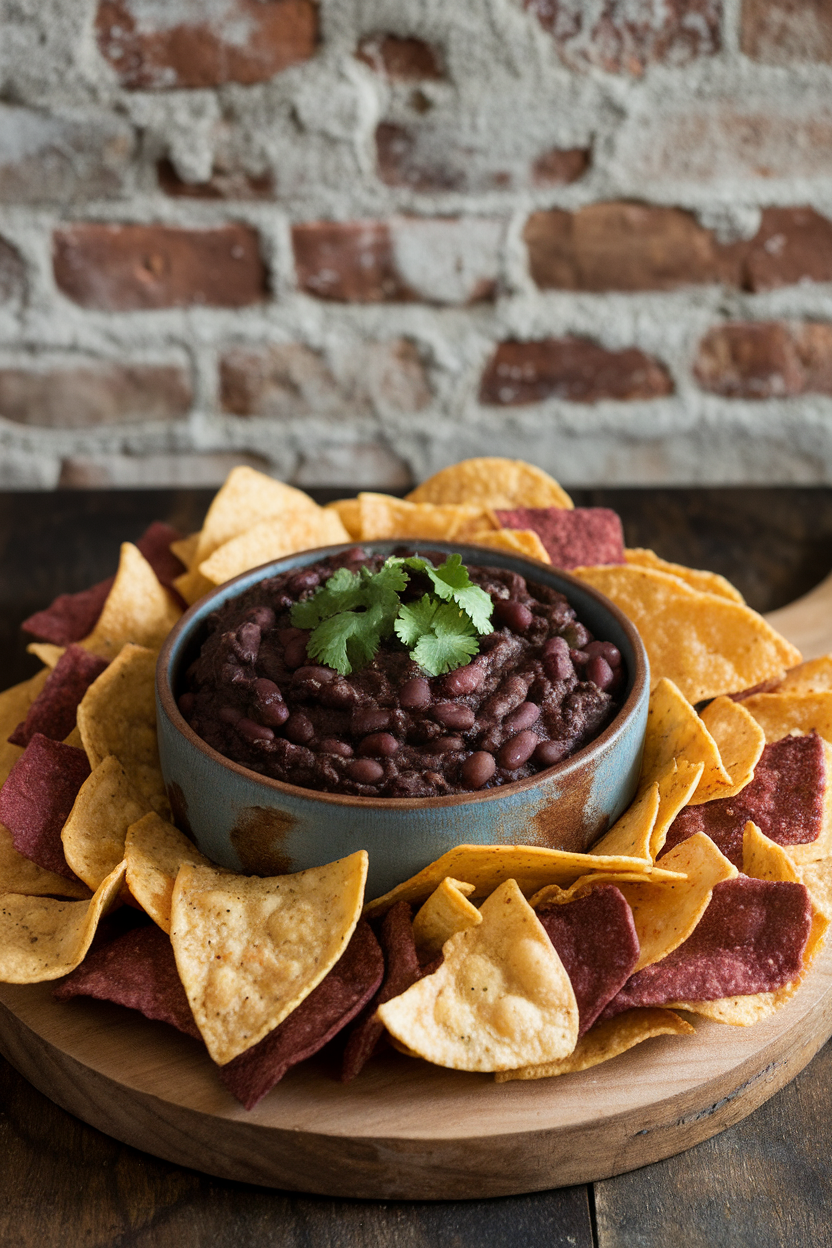 Indoor chip-and-dip platter with a rustic bowl of black bean dip garnished with cilantro, surrounded by tortilla chips. No text or logos.