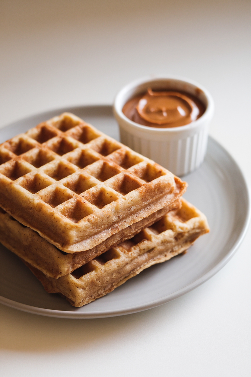 An indoor plate holding two folded cinnamon oatmeal waffles, a small container of almond butter for dipping beside them. Photo, no text or logos.