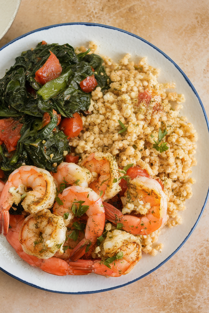 Indoor photo of garlic herb shrimp, couscous, and spinach tomato sauté on a plate. No text or logos.
