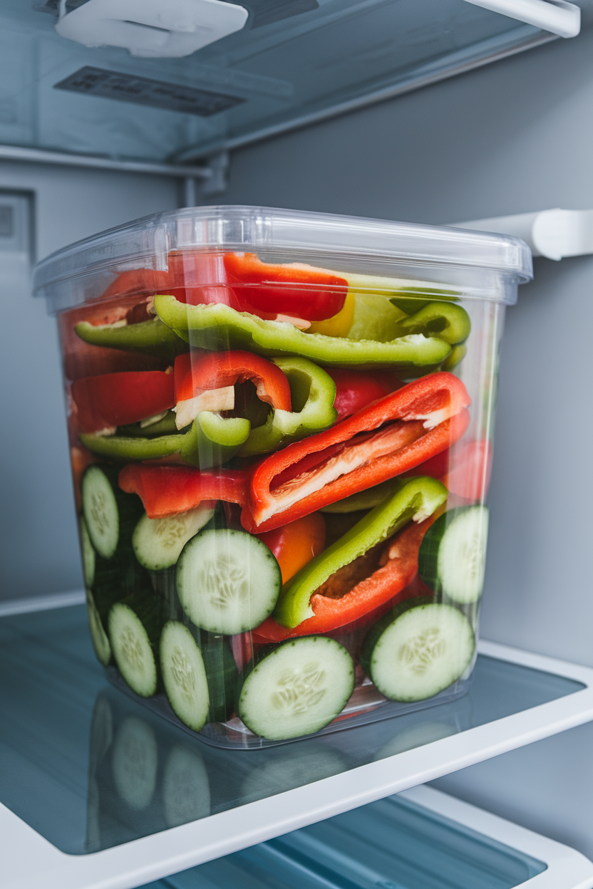 A clear container of sliced bell peppers and cucumbers placed prominently in a refrigerator shelf indoors; no text or logos; photo