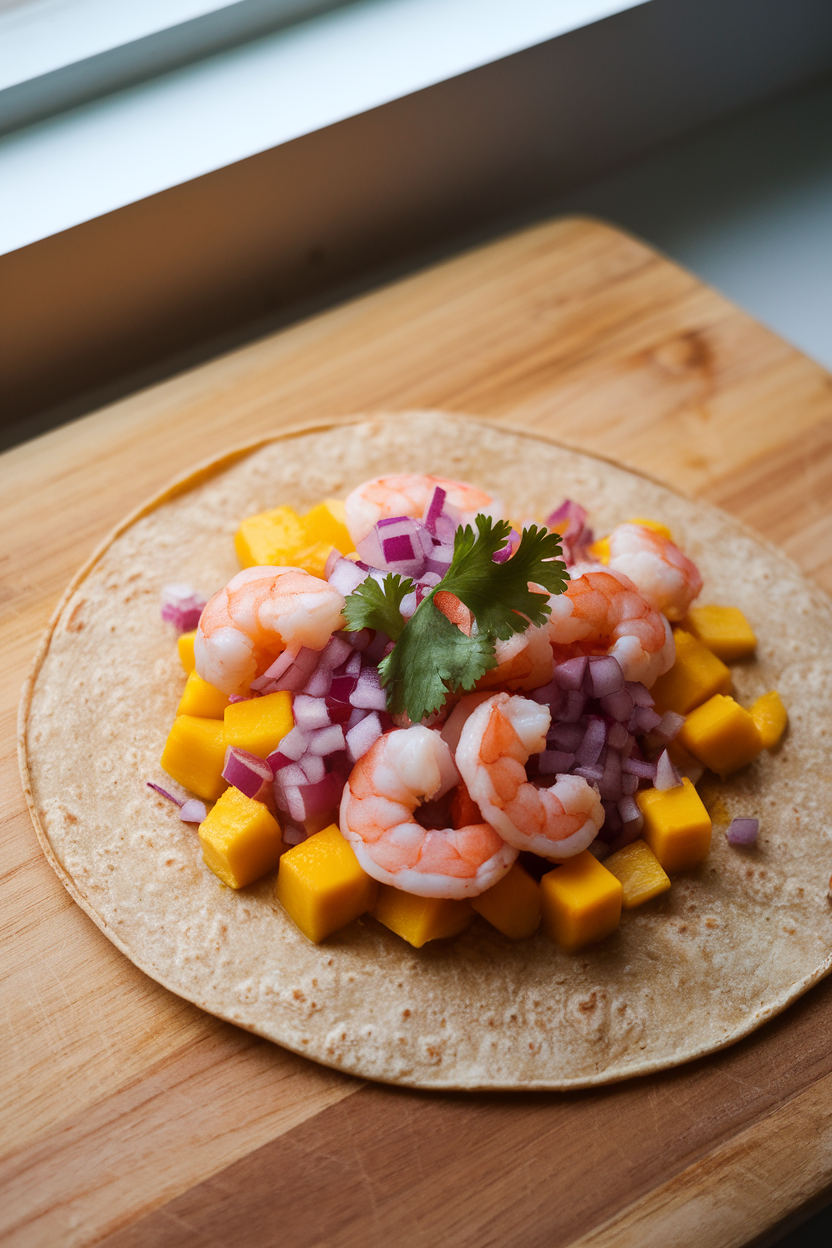 Indoor wrap photo of a whole-wheat tortilla folded around cooked shrimp, diced mango, red onion, and cilantro; soft window light, no text or logos.